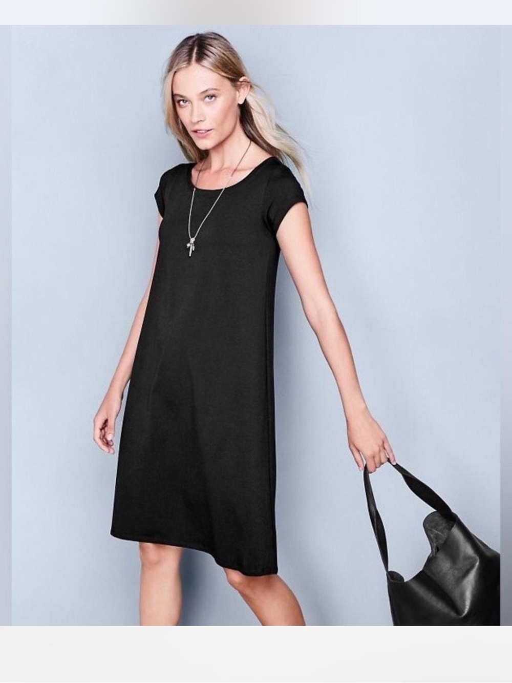 EILEEN FISHER Scoop Neck Black A-Line T Shirt Dress MP Organic Cotton Minimalist
